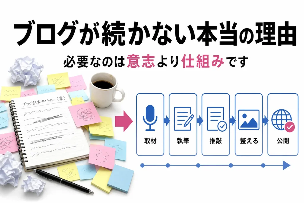 ブログが続かない理由と仕組み化の視点を解説する記事のサムネイル